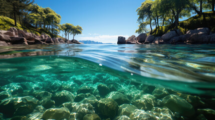 Crystal - clear water shimmering in the sunlight. Generative AI