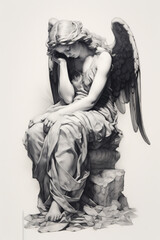 Drawing of a graveyard angel. Medieval angel statue. Generative AI.
