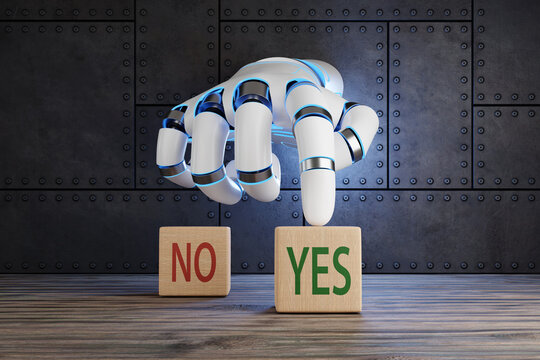 Robot arm pointing a YES wooden block instead of a NO wooden cube on wood table with metallic plate as background. Illustration of the concept of artificial intelligence (AI) decision making
