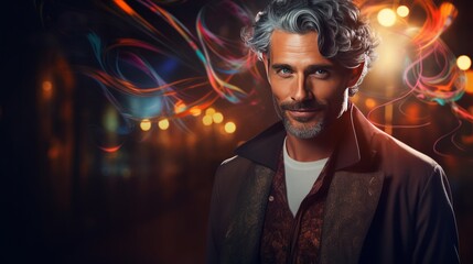 Handsome middle-aged man with abstract magical background. Made with Generative AI.