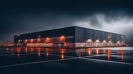 Logistics center, warehouse or large retail store at night. Generative AI