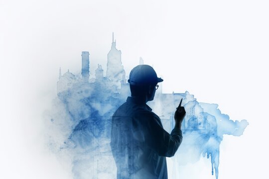 Blue Aquarelle Painted Silhouettes Capturing the Precision and Creativity as an Architect Draws a Construction Plan in the Style of Digital Airbrushing