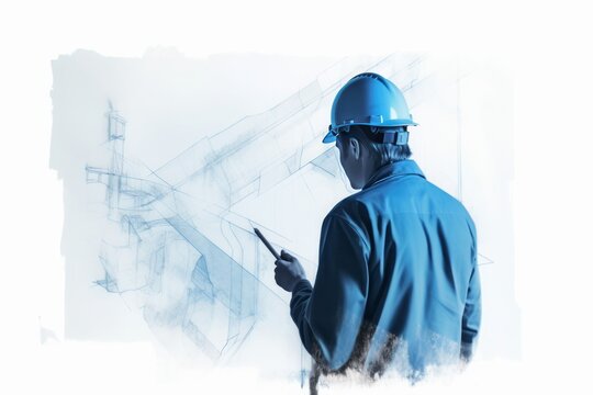 Blue Aquarelle Painted Silhouettes Capturing the Precision and Creativity as an Architect Draws a Construction Plan in the Style of Digital Airbrushing