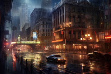 Downtown street view on a rainy night