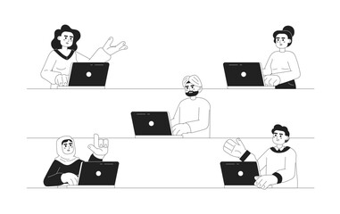 Multicultural people working on laptops monochromatic flat vector characters. Editable thin line half body freelancers on work on white. Simple bw cartoon spot image for web graphic design