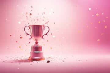 Generative AI, Winner trophy with flames, pink golden champion cup with falling confetti on pink background.