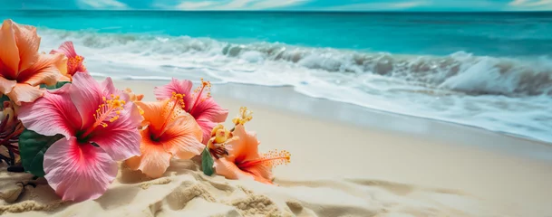  Vibrant Hibiscus Blooms Amidst Sandy Beach Blue Ocean  Your Ultimate Vacation Escape.  Maui, Hawaii. © touchedbylight