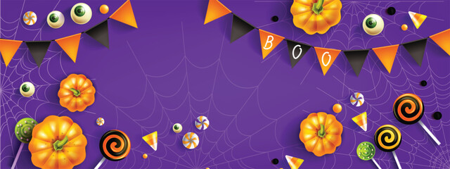 Halloween discount banner, candy lollipop garland, funny autumn holiday season background, spiderweb. Vector purple promotion poster, cute scary eye, pumpkin, spooky sweets. Halloween banner flyer