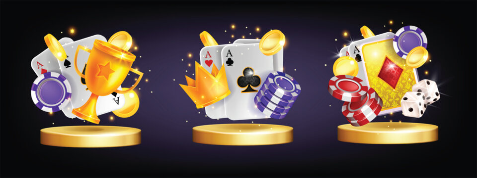 3D casino poker vector icon concept, roulette online gambling winner chip, golden podium card design. Realistic success coin, blackjack Vegas promotion victory cup template. Casino icon welcome trophy