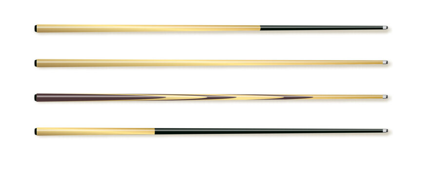 Cues for billiard, snooker realistic templates. Wooden sticks with various design for cuesports. Vector