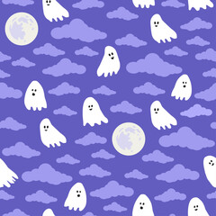 Halloween seamless pattern, flying ghosts and moon
