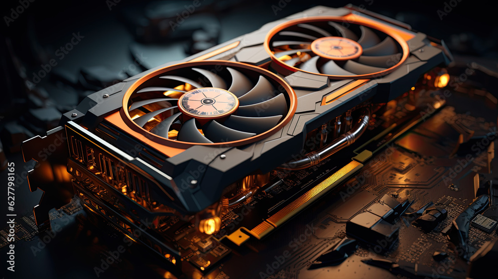 Poster a black high-performance graphics card from a computer. computer games concept. generative ai