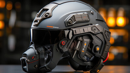 Futuristic Motorcycle Helmet with a Black Visor and a Red Button A Modern Motorcycle Helmet In AI Generative
