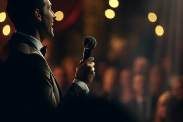  man having microphone giving speech on stage in front of audience side view.
 - obrazy, fototapety, plakaty