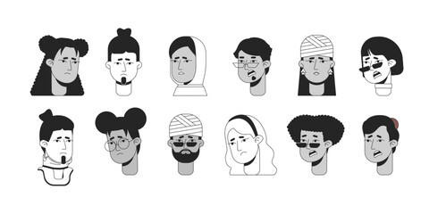 Unhappy sick people monochrome flat linear character heads bundle. Multinational sad people faces. Editable outline people icons. Line users faces. 2D cartoon spot vector avatar illustration pack