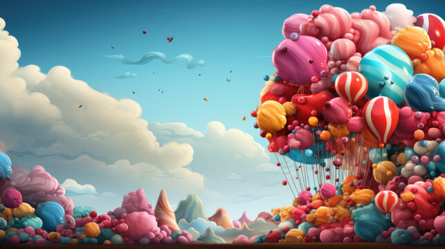 Candy Land A Whimsical and Colorful Background with Balloons and Candylike Structures AI Generative
