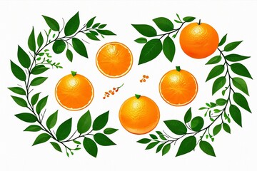 oranges on vine with branches and leaves, in the style of minimalist illustrator, graphic fluidity, contrasting balance