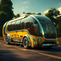 Futuristic electric yellow school bus, on the road, cinematic shoot,Clean school transport