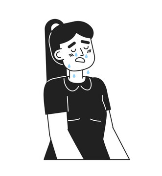 Upset girl with dropping tears and open mouth monochromatic flat vector character. Tearful child in dress. Editable thin line person on white. Simple bw cartoon spot image for web graphic design