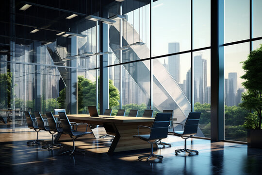 Empty Office Conference Room Light Modern Board Meeting Office Interior With Large Windows. High Quality Photo