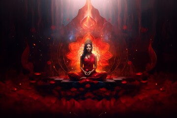  a girl fully releasing her aura while busy in meditation and maintaining root chakra Muladhara. a girl wearing crown and red traditional dress.  - obrazy, fototapety, plakaty