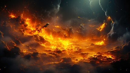 Orange and Yellow Clouds on Fire with Lightning Bolts in a Dark Sky AI Generative