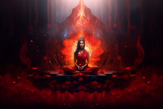  a girl fully releasing her aura while busy in meditation and maintaining root chakra Muladhara. a girl wearing crown and red traditional dress. 