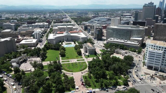 Overhead shot of downtown Denver looking West over Colfax Ave and the park