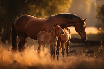 A beautiful brown mare nurturing and teaching her sweet new little foal on a golden summers evening. Generative AI