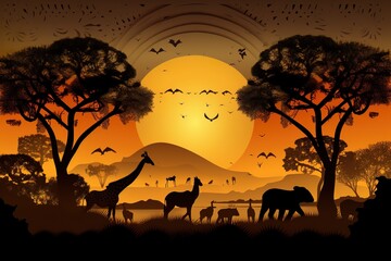 Silhouettes of african wild animals at sunset. Evening in African savanna. Generated AI