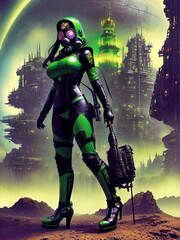 Obraz premium futuristic warrior woman in a green uniform, generative ai illustration, these depiction is fictitious and generated