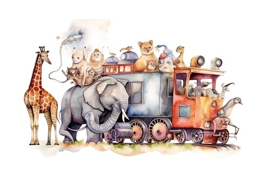 Cartoon train with lion driver and elephant rhino. Generative AI