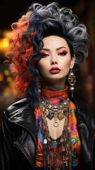 Fototapeta premium Chromatic Queen: Witness the brilliance of an AI-created drag queen, donning an ensemble that rivals the rainbow. Their magnetic allure and confident stare exude empowerment.