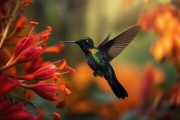 Fototapeta premium Fiery-throated Hummingbird in flight feeding on pink flower against green background. Generated AI