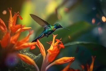 Fiery-throated Hummingbird in flight feeding on pink flower against green background. Generated AI