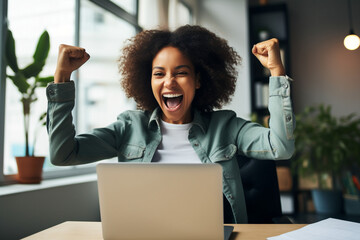 Excited happy african american woman feeling winner rejoicing online win got new job opportunity, overjoyed motivated mixed race girl student receive good test results on laptop celebrating admission