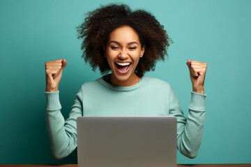 Excited happy african american woman feeling winner rejoicing online win got new job opportunity,...