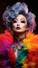 In a burst of colors, a powerful drag queen unleashes their inner diva, unapologetically embracing their true self with a captivating wig and makeup that demand attention.