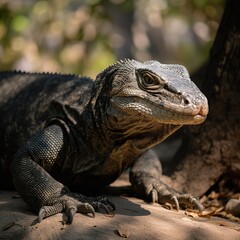 Komodo Dragon, the largest lizard in the world walks at camera with dangerous look. Generated AI