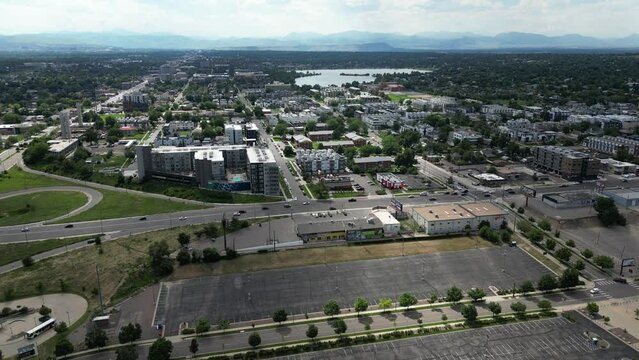 Aerial shot of Sloan's Lake and Rocky Mountains from west side of Denver
