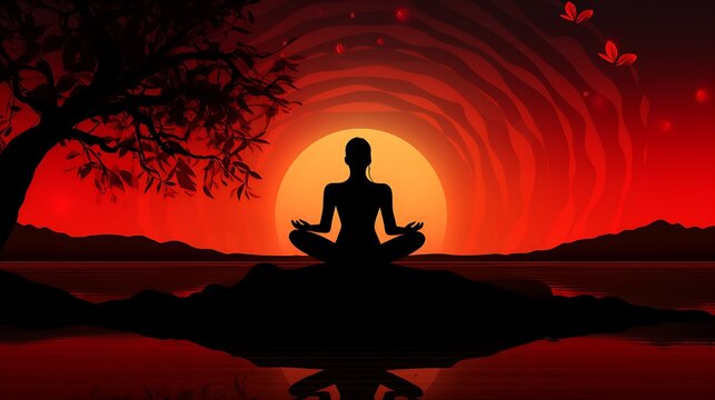 silhouette of a person meditating in the sunset struggling to achieve the root chakra control. Muladhara chakra post.