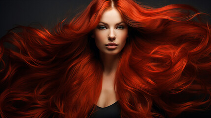 Naklejka premium Beautiful girl with very long red well-groomed smooth hair. Develop. Advertisement for hairdresser, beauty salon, hair banner. AI generation