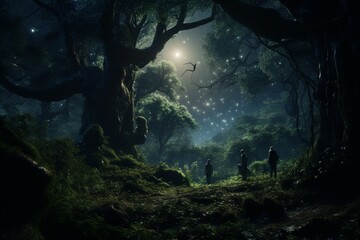 Photograph of people exploring enchanted forests in the light of the full moon, Generative AI