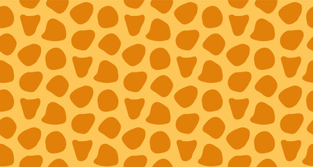 Giraffe skin, fur, seamless animal pattern yellow on orange background. Hand drawn vector illustration. Flat style design. Tropical print, paper, jungle wildlife, safari, nature, abstract shapes