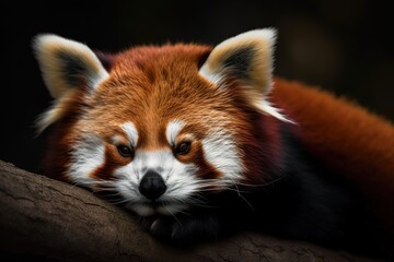 A red panda, Ailurus fulgens, sleeping on a bamboo. Generated AI