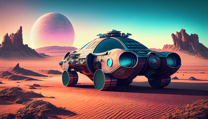 An imaginary car. An oldtimer car racing on an alien planet. An imagined concept full of colors and visual elements, Ai generated image - obrazy, fototapety, plakaty