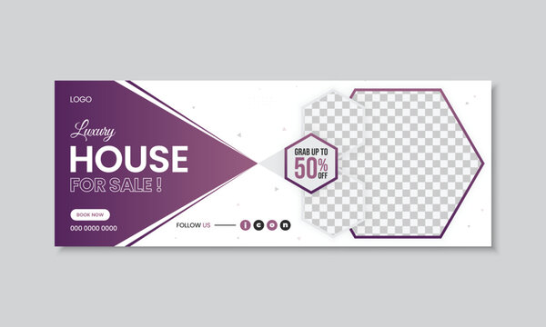 Real estate facebook cover design, web banner template for ads, house for sale marketing with editable text and illustration, timeline cover with abstract shapes, home social media cover post