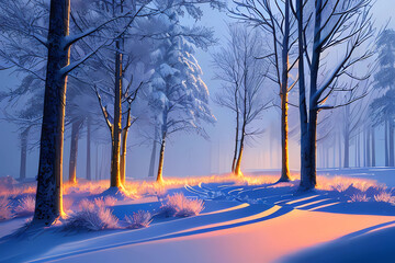 snowy forest, winter forest, winter sunrise, beautiful snowy lanscape