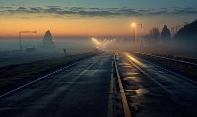Classic night view of the road. Evening road after rain. Highway to city on sunset. For banner,...