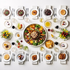 food and drinks, healthy food concept top view on white table, AI Generation